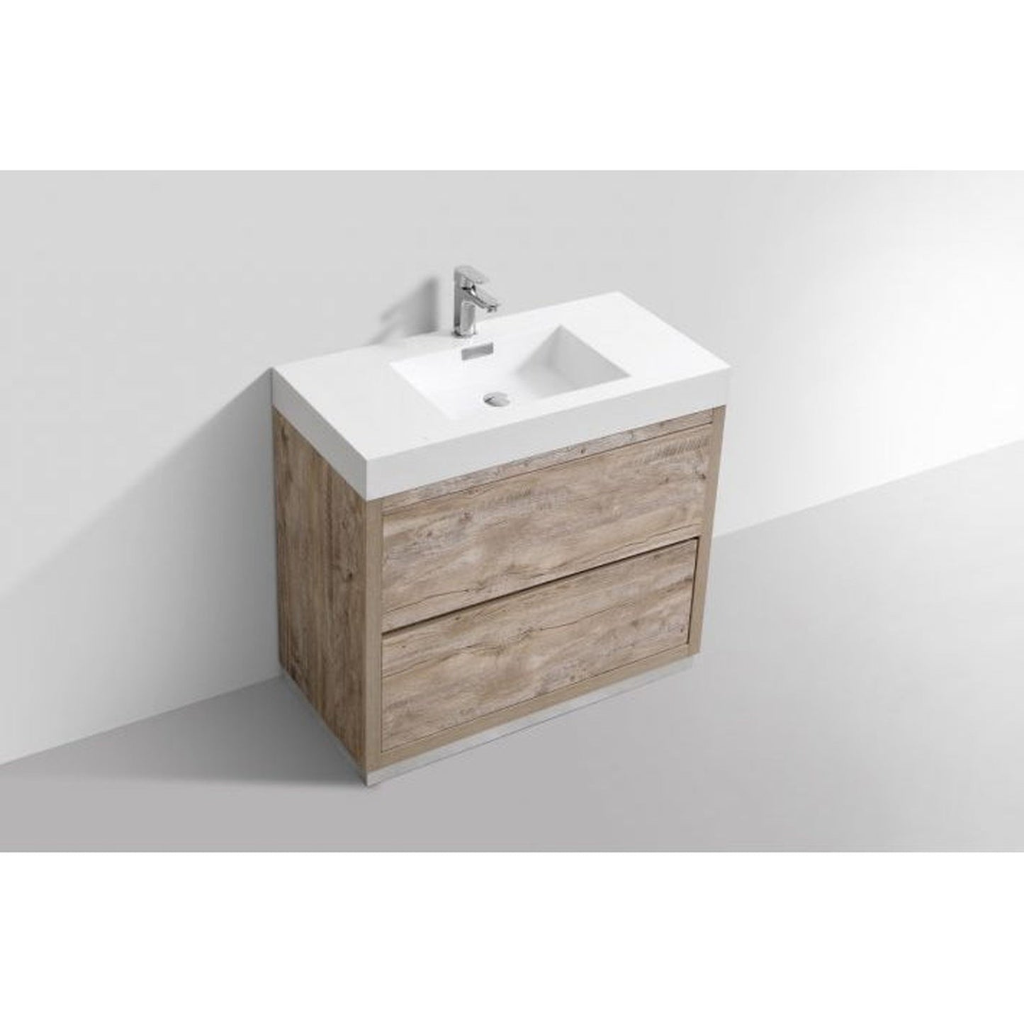KubeBath Bliss 36" Nature Wood Freestanding Modern Bathroom Vanity With Single Integrated Acrylic Sink With Overflow and 36" Wood Framed Mirror With Shelf