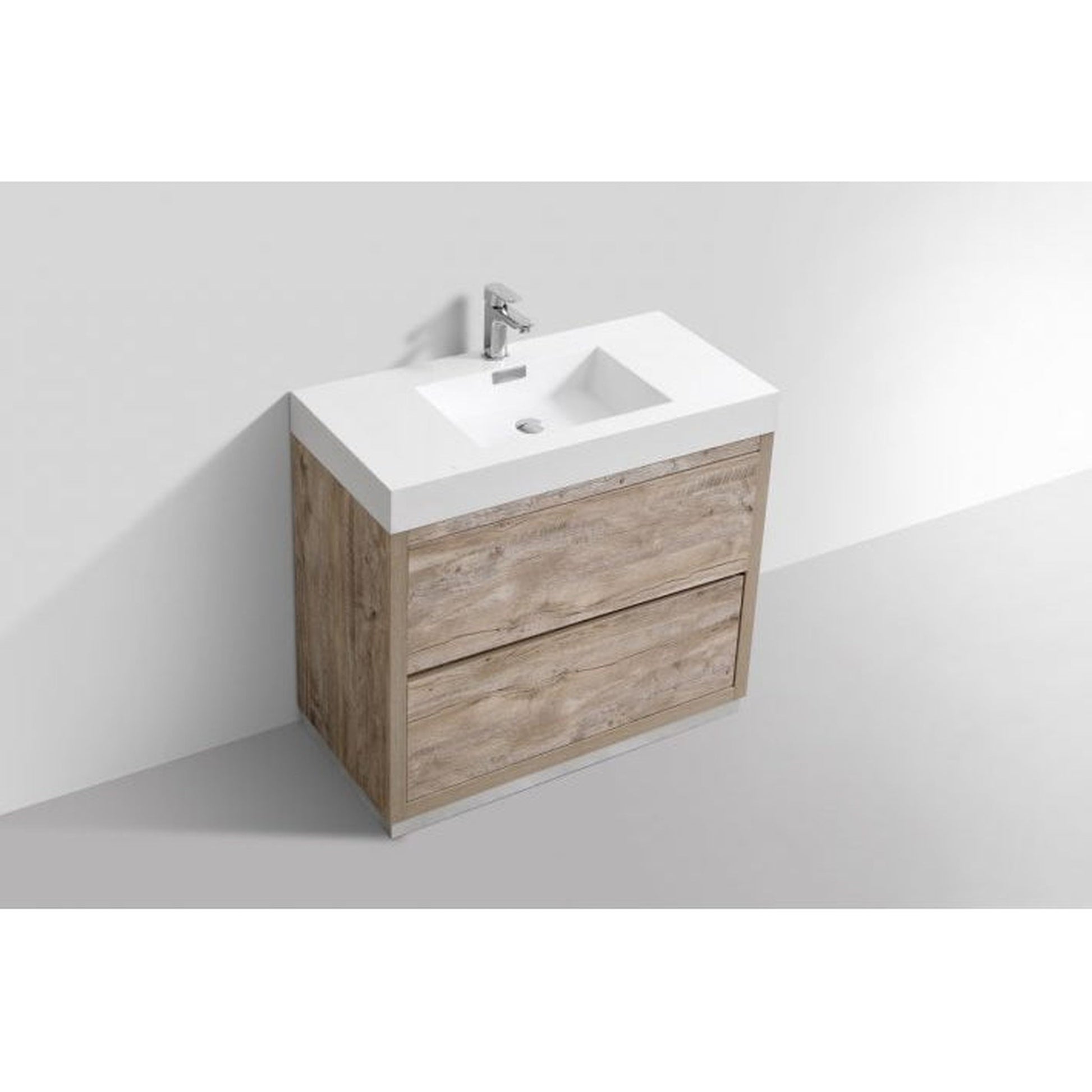 KubeBath Bliss 36" Nature Wood Freestanding Modern Bathroom Vanity With Single Integrated Acrylic Sink With Overflow and 36" Wood Framed Mirror With Shelf