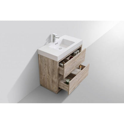 KubeBath Bliss 36" Nature Wood Freestanding Modern Bathroom Vanity With Single Integrated Acrylic Sink With Overflow and 36" Wood Framed Mirror With Shelf