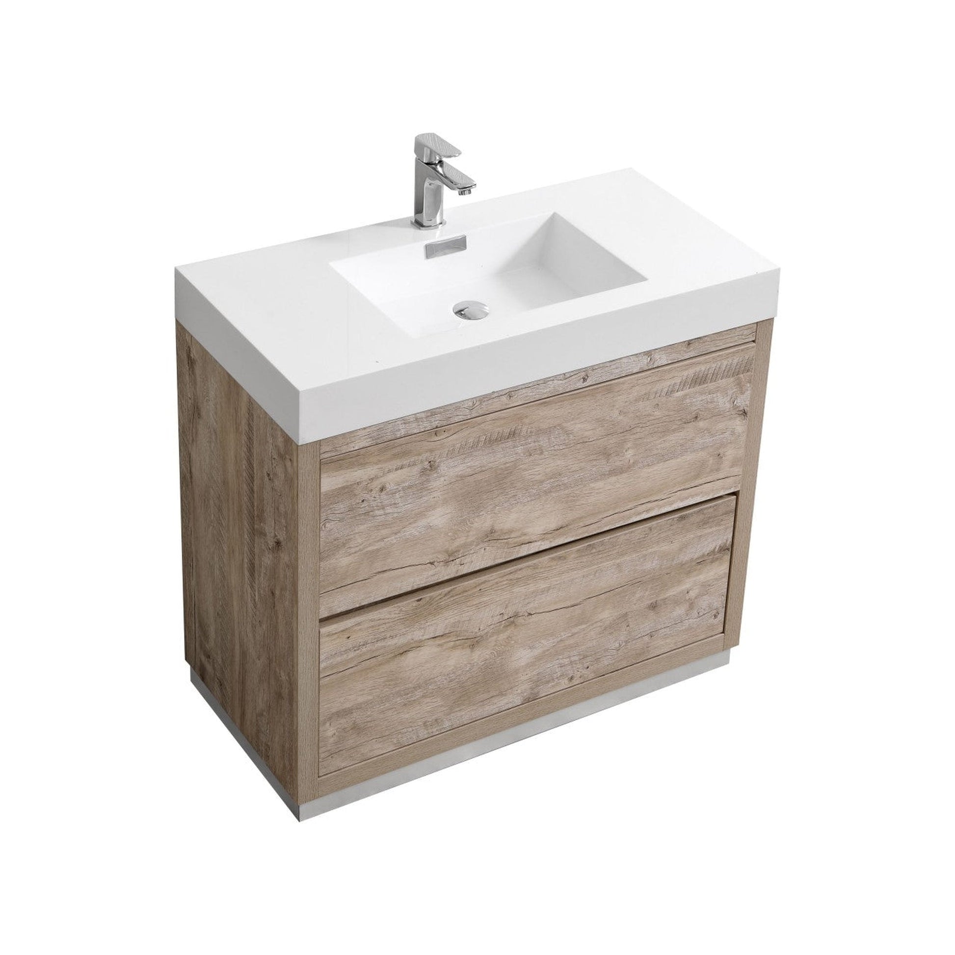 KubeBath Bliss 36" Nature Wood Freestanding Modern Bathroom Vanity With Single Integrated Acrylic Sink With Overflow and 36" Wood Framed Mirror With Shelf