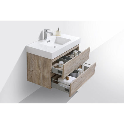KubeBath Bliss 36" Nature Wood Wall-Mounted Modern Bathroom Vanity With Single Integrated Acrylic Sink With Overflow and 36" Wood Framed Mirror With Shelf