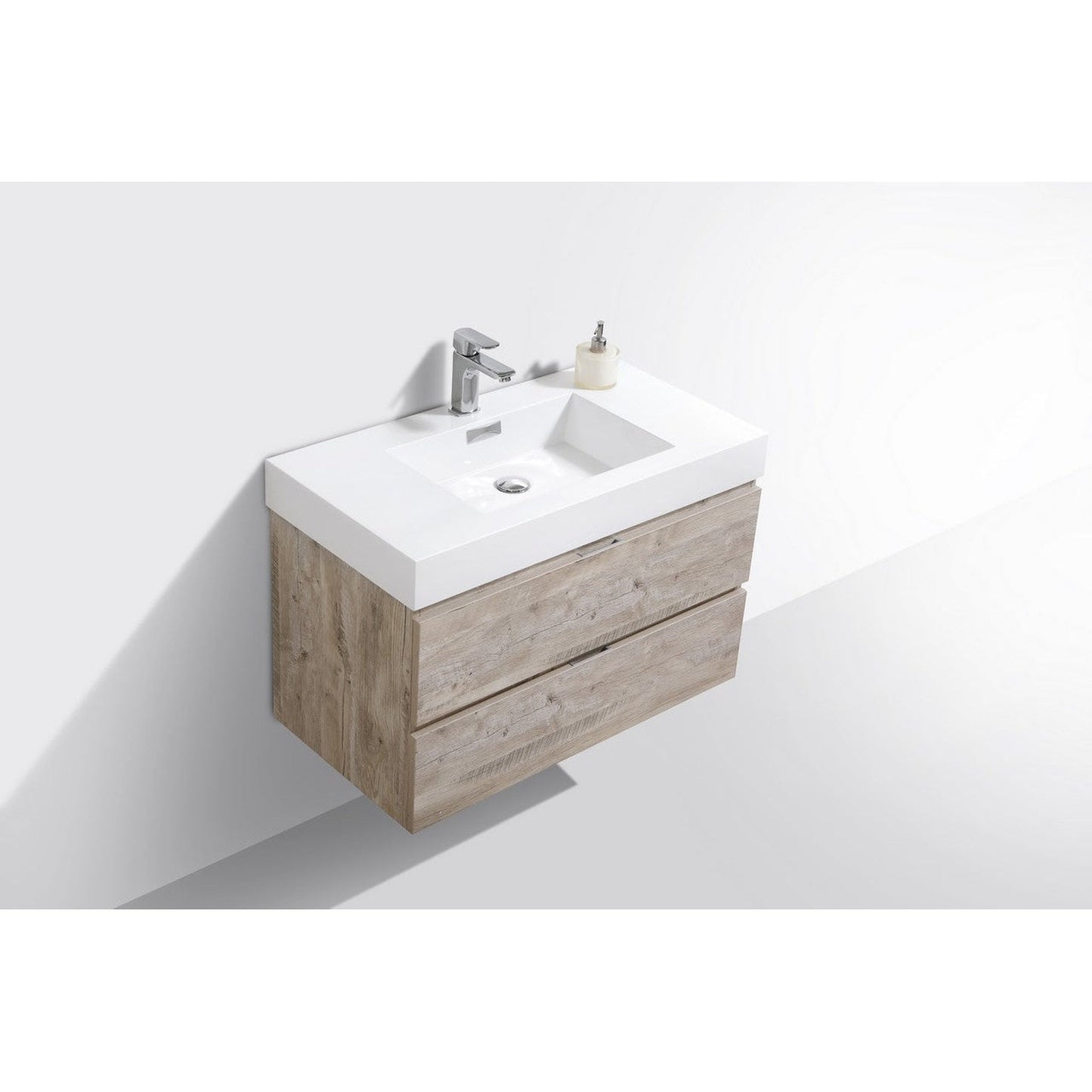 KubeBath Bliss 36" Nature Wood Wall-Mounted Modern Bathroom Vanity With Single Integrated Acrylic Sink With Overflow and 36" Wood Framed Mirror With Shelf