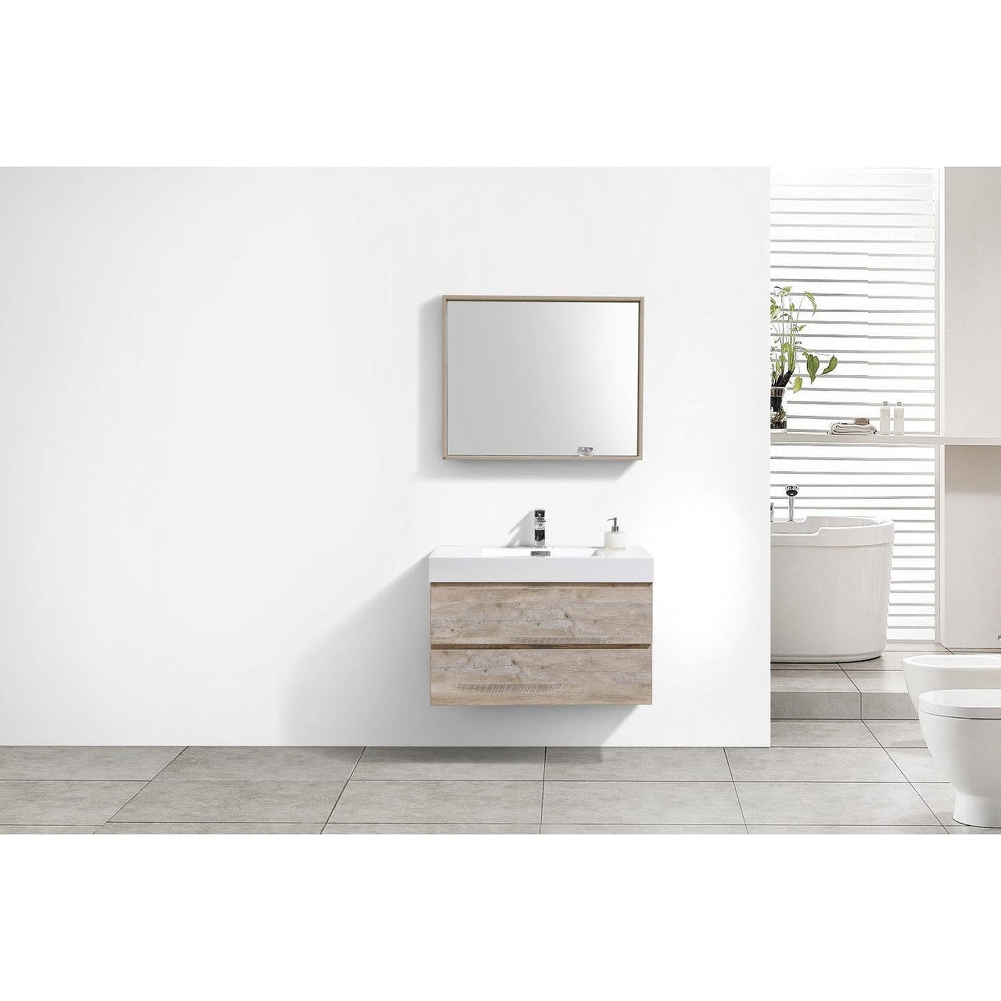 KubeBath Bliss 36" Nature Wood Wall-Mounted Modern Bathroom Vanity With Single Integrated Acrylic Sink With Overflow and 36" Wood Framed Mirror With Shelf