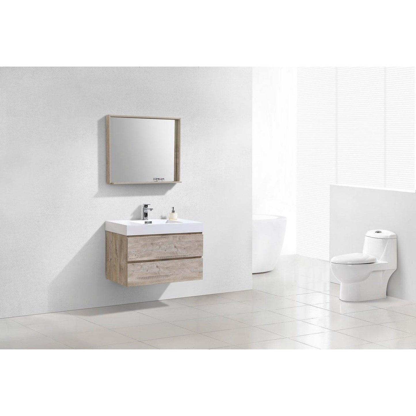 KubeBath Bliss 36" Nature Wood Wall-Mounted Modern Bathroom Vanity With Single Integrated Acrylic Sink With Overflow and 36" Wood Framed Mirror With Shelf