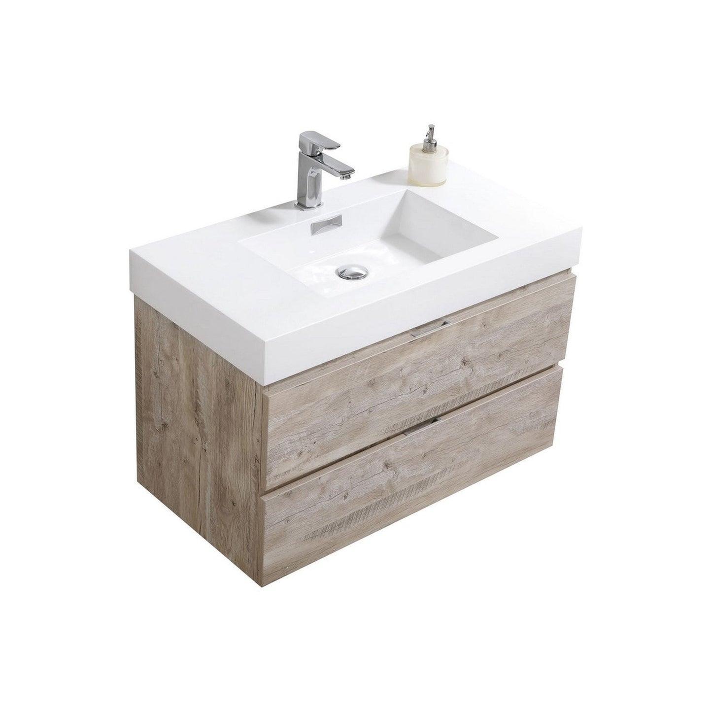 KubeBath Bliss 36" Nature Wood Wall-Mounted Modern Bathroom Vanity With Single Integrated Acrylic Sink With Overflow and 36" Wood Framed Mirror With Shelf