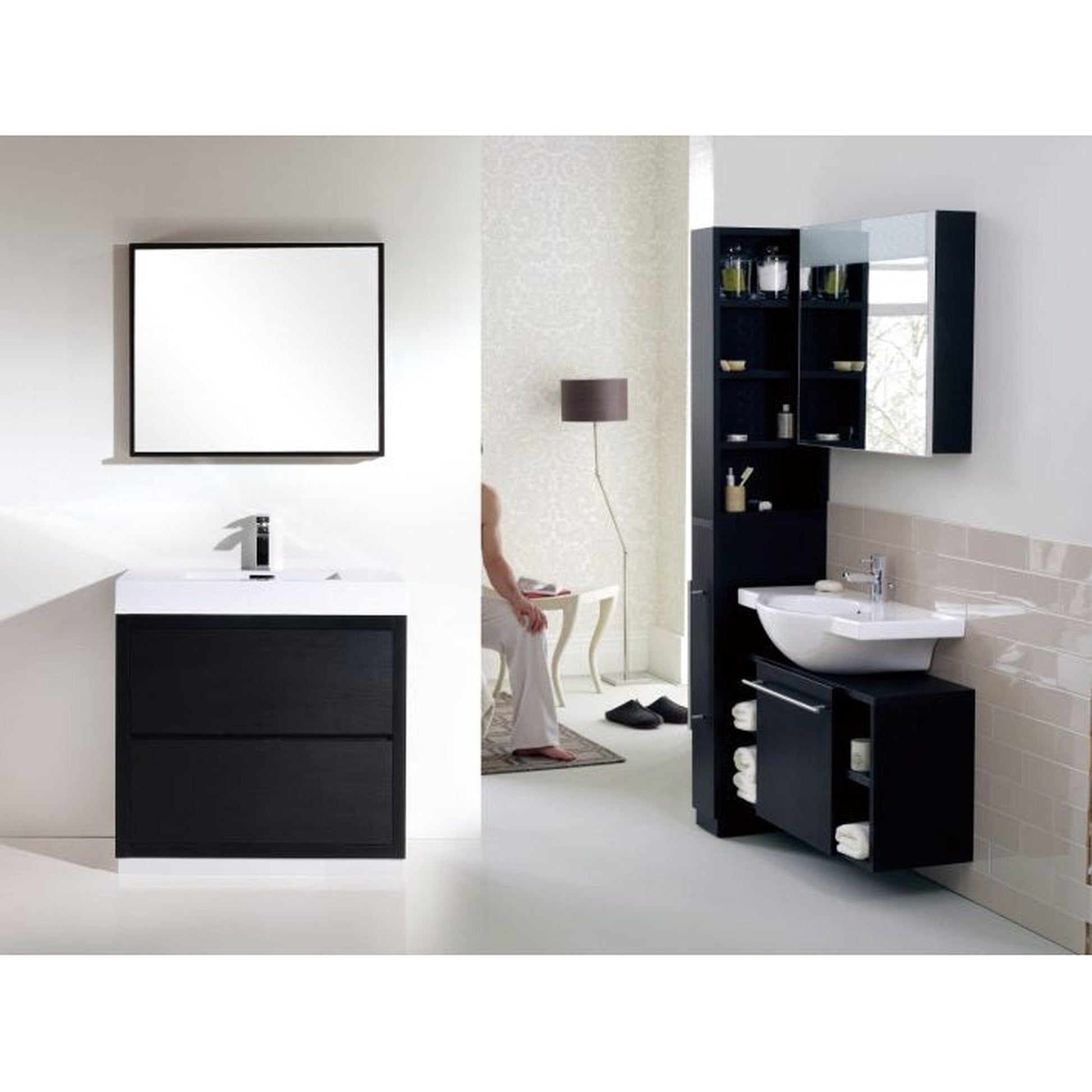 KubeBath Bliss 40" Black Freestanding Modern Bathroom Vanity With Single Integrated Acrylic Sink With Overflow and 38" Black Framed Mirror With Shelf