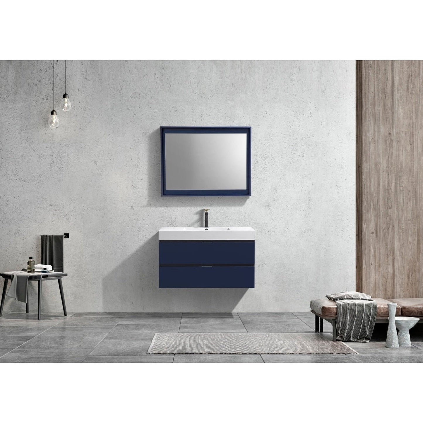 KubeBath Bliss 40" Blue Wall-Mounted Modern Bathroom Vanity With Single Integrated Acrylic Sink With Overflow and 36" White Framed Mirror With Shelf