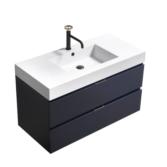 KubeBath Bliss 40" Blue Wall-Mounted Modern Bathroom Vanity With Single Integrated Acrylic Sink With Overflow and 36" White Framed Mirror With Shelf