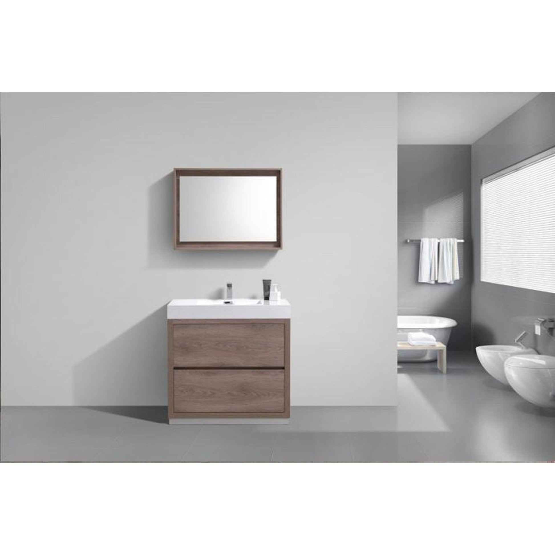 KubeBath Bliss 40" Butternut Freestanding Modern Bathroom Vanity With Single Integrated Acrylic Sink With Overflow and 40" Butternut Framed Mirror With Shelf