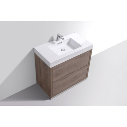 KubeBath Bliss 40" Butternut Freestanding Modern Bathroom Vanity With Single Integrated Acrylic Sink With Overflow and 40" Butternut Framed Mirror With Shelf