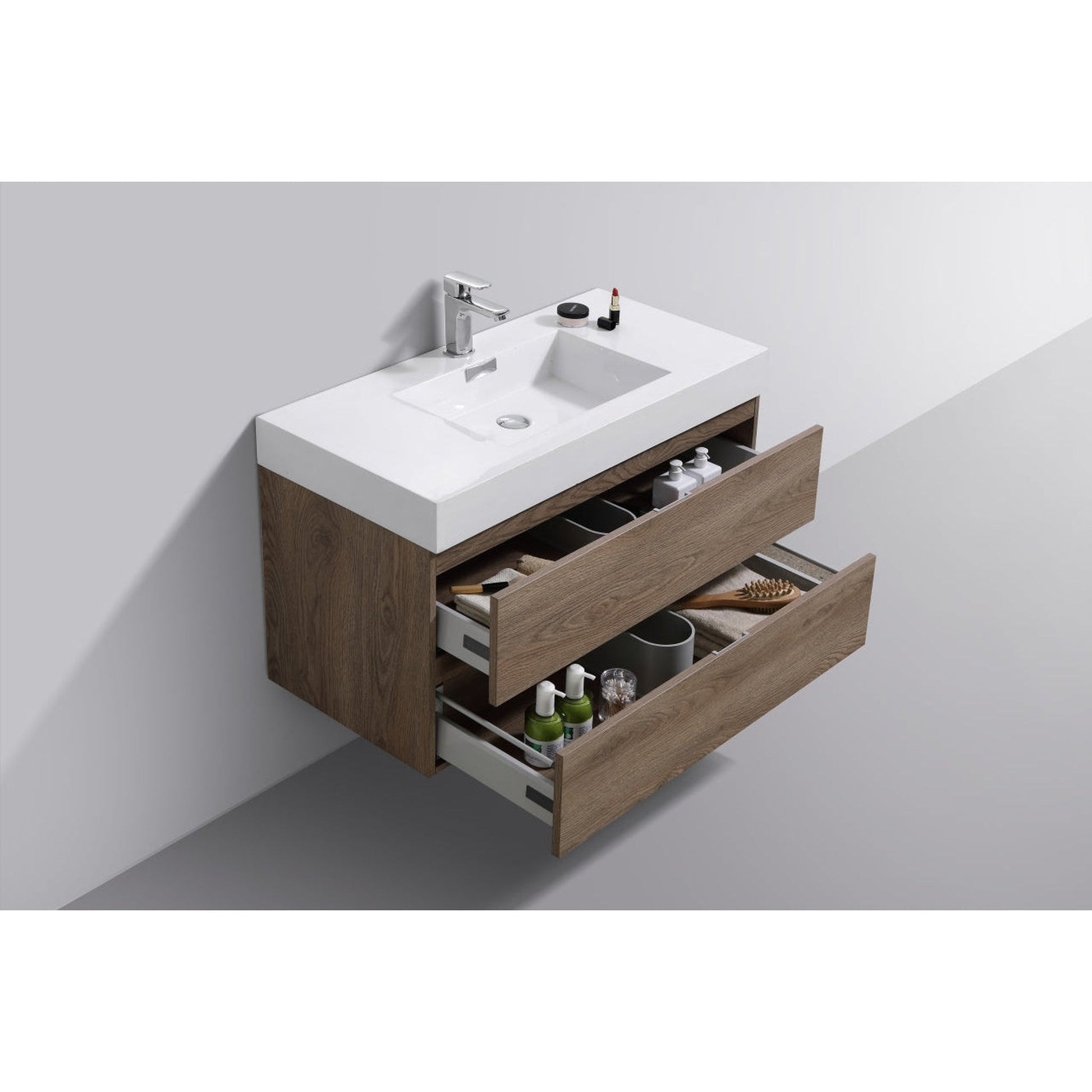 KubeBath Bliss 40" Butternut Wall-Mounted Modern Bathroom Vanity With Single Integrated Acrylic Sink With Overflow