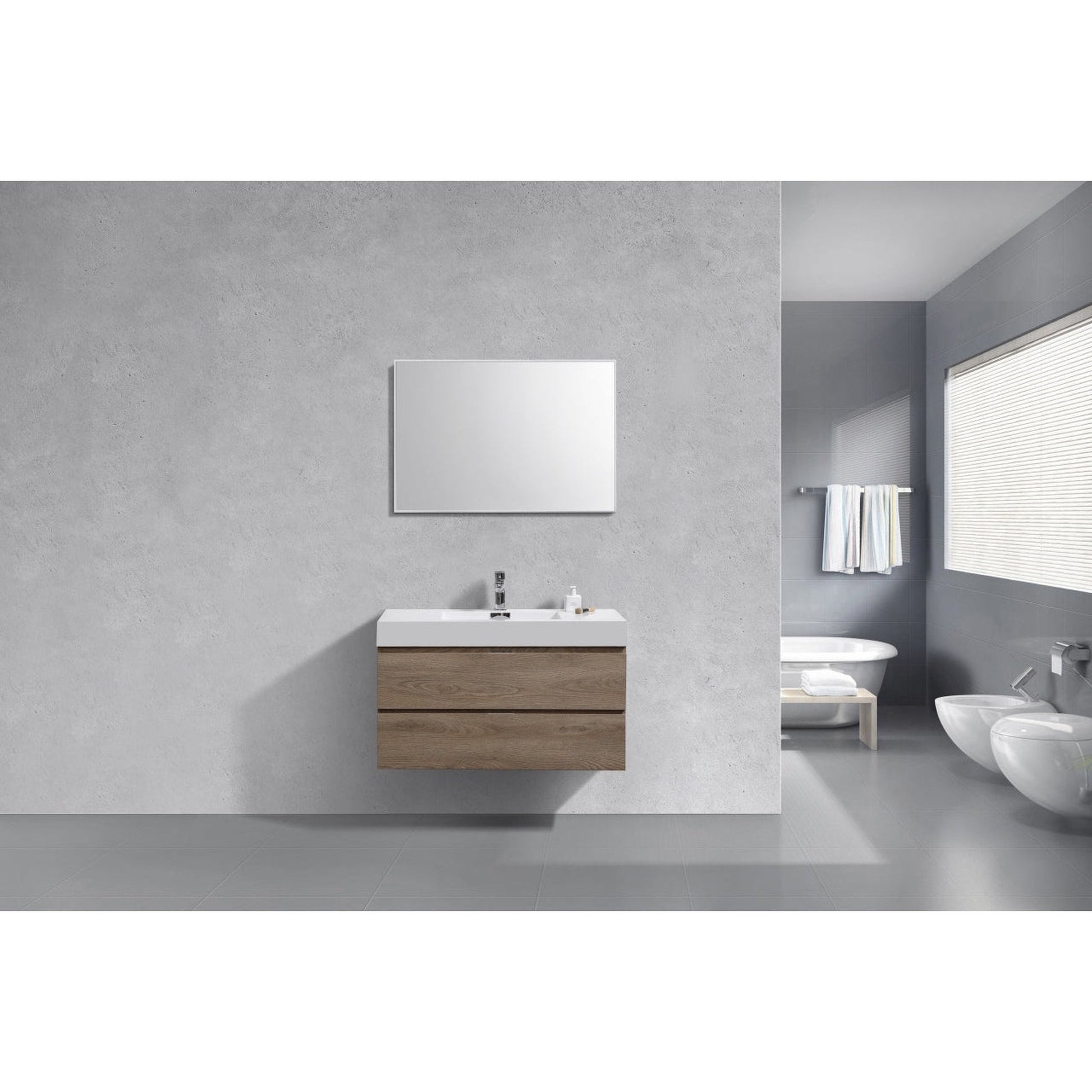 KubeBath Bliss 40" Butternut Wall-Mounted Modern Bathroom Vanity With Single Integrated Acrylic Sink With Overflow