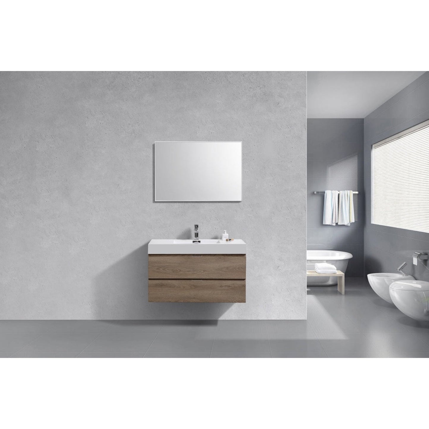 KubeBath Bliss 40" Butternut Wall-Mounted Modern Bathroom Vanity With Single Integrated Acrylic Sink With Overflow and 40" Butternut Framed Mirror With Shelf