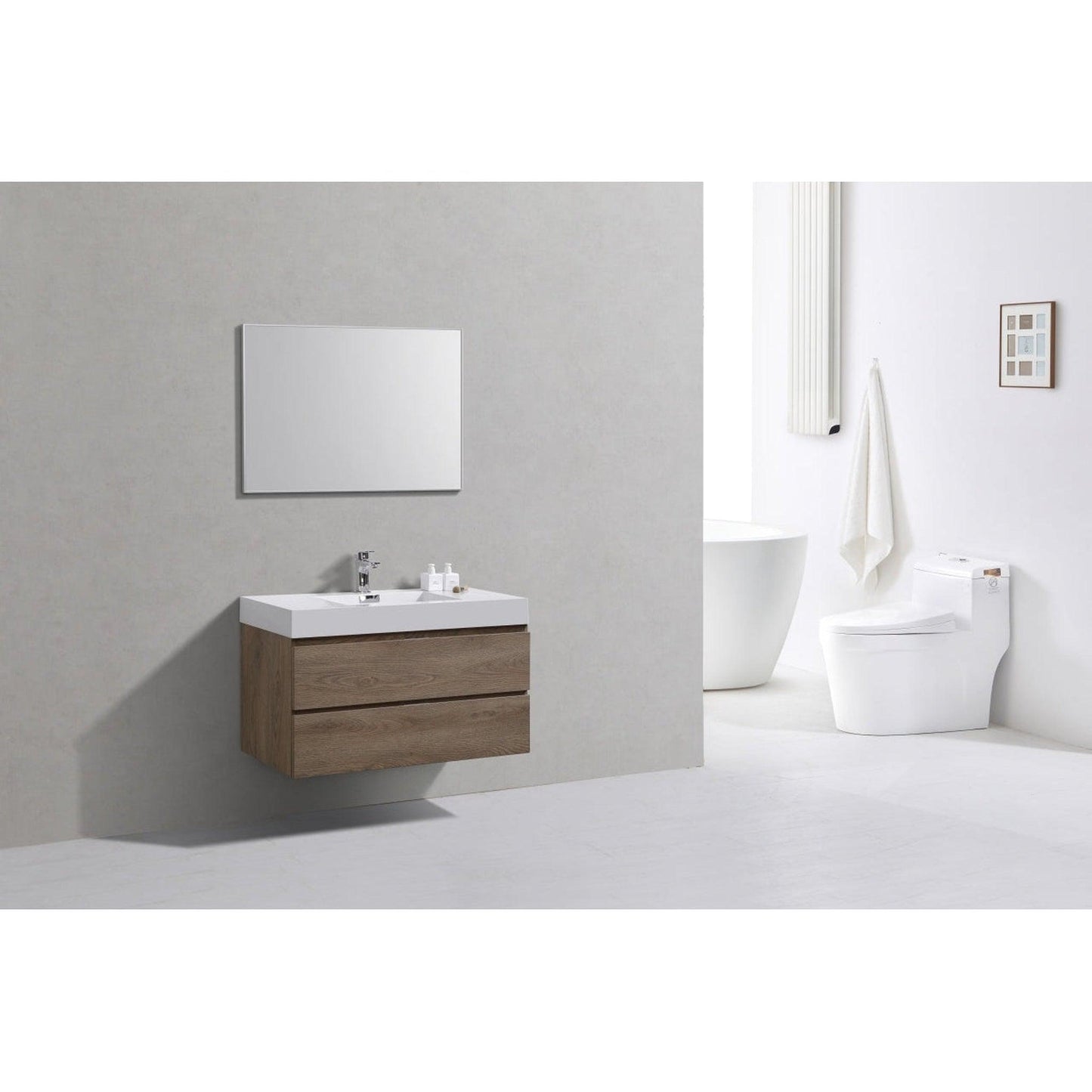 KubeBath Bliss 40" Butternut Wall-Mounted Modern Bathroom Vanity With Single Integrated Acrylic Sink With Overflow and 40" Butternut Framed Mirror With Shelf