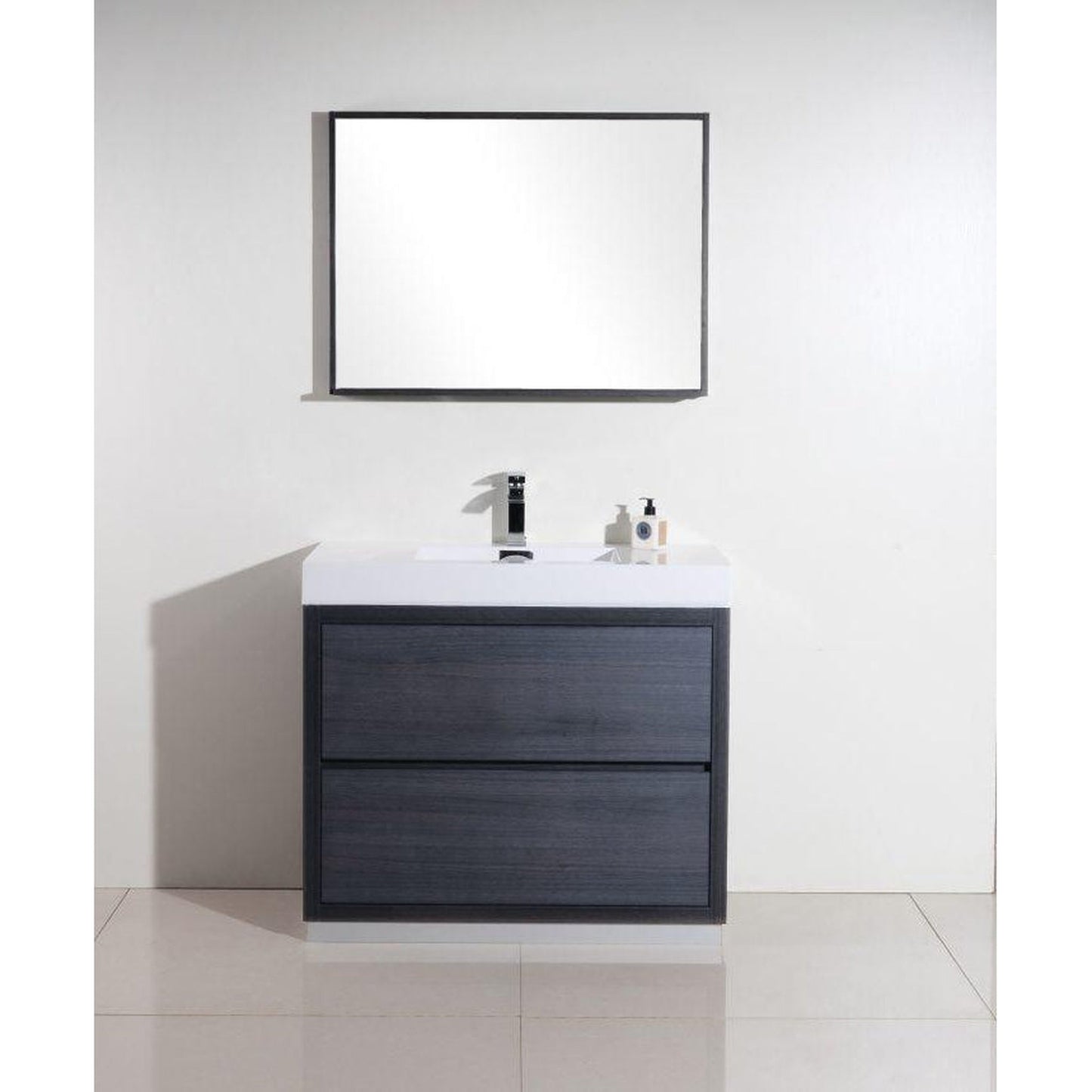 KubeBath Bliss 40" Gray Oak Freestanding Modern Bathroom Vanity With Single Integrated Acrylic Sink With Overflow and 38" Gray Oak Framed Mirror With Shelf