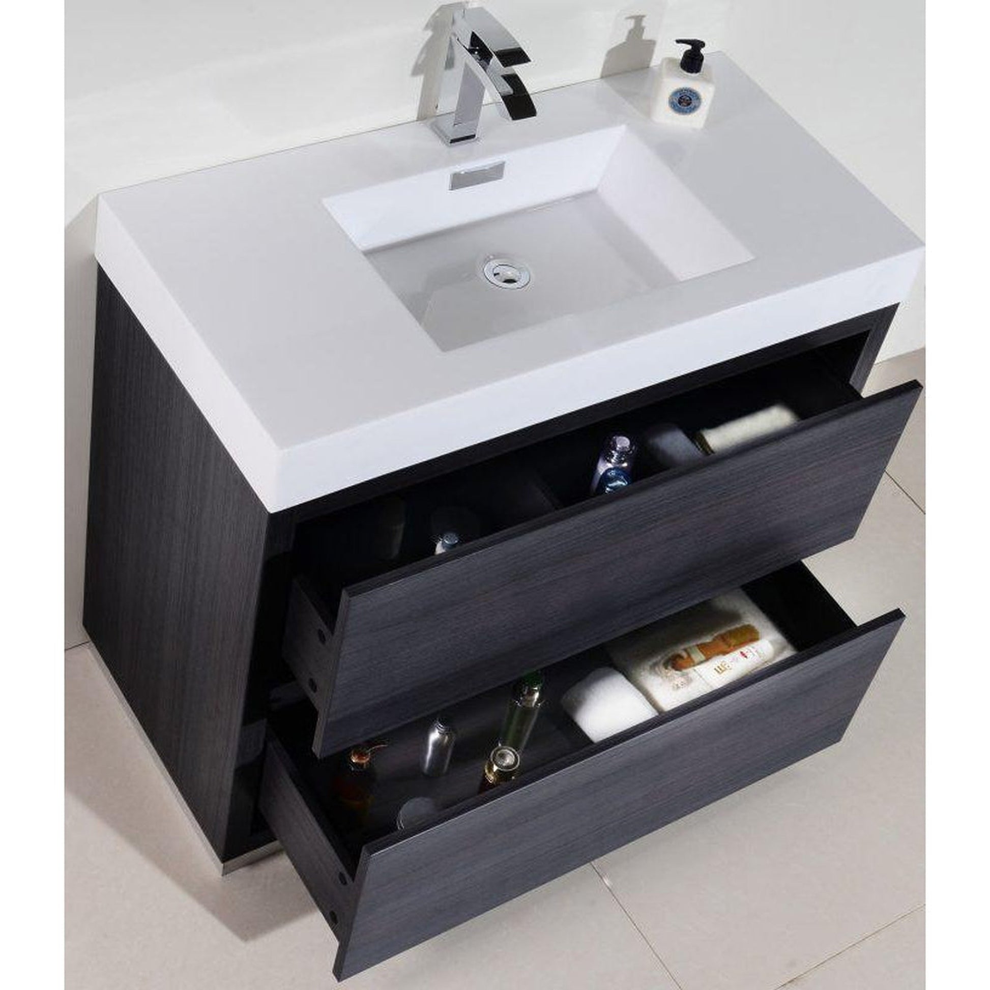 KubeBath Bliss 40" Gray Oak Freestanding Modern Bathroom Vanity With Single Integrated Acrylic Sink With Overflow and 38" Gray Oak Framed Mirror With Shelf