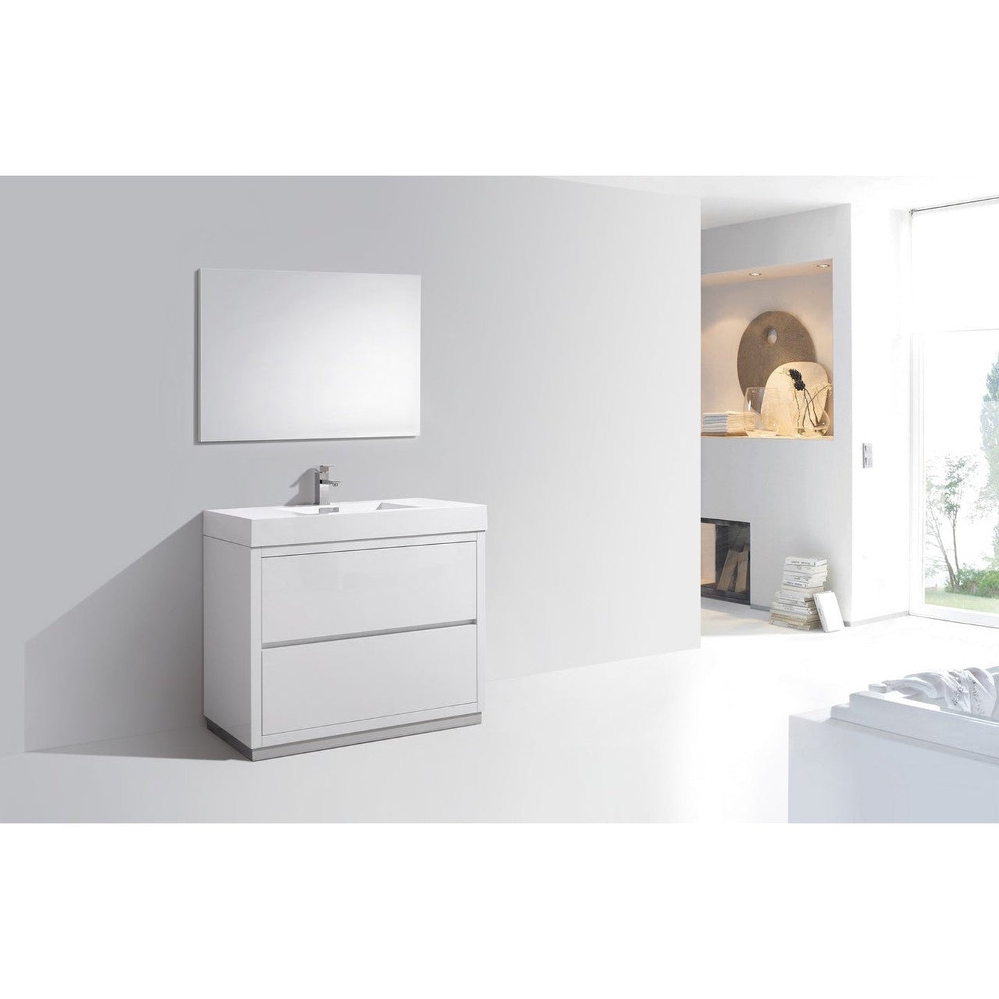 KubeBath Bliss 40" High Gloss White Freestanding Modern Bathroom Vanity With Single Integrated Acrylic Sink With Overflow and 36" White Framed Mirror With Shelf