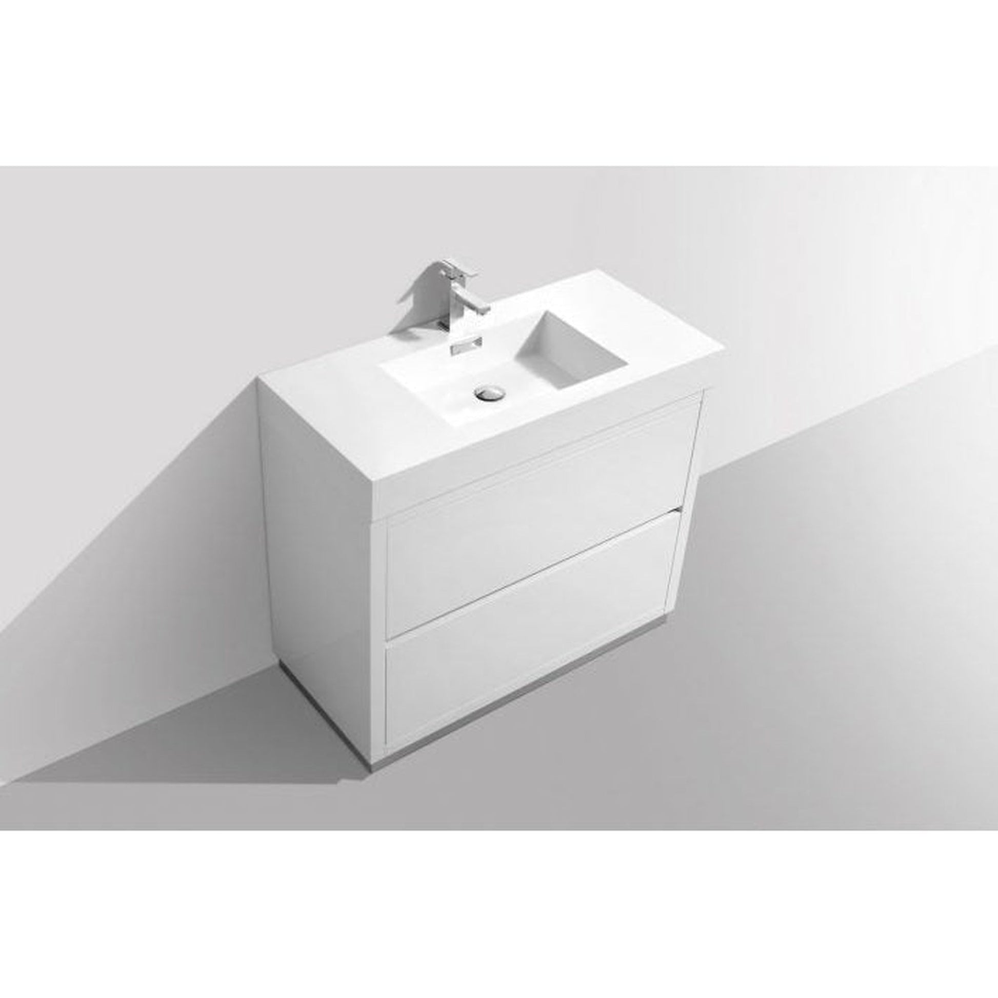 KubeBath Bliss 40" High Gloss White Freestanding Modern Bathroom Vanity With Single Integrated Acrylic Sink With Overflow and 36" White Framed Mirror With Shelf