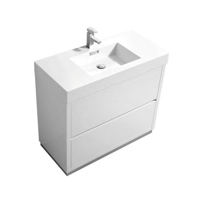 KubeBath Bliss 40" High Gloss White Freestanding Modern Bathroom Vanity With Single Integrated Acrylic Sink With Overflow and 36" White Framed Mirror With Shelf