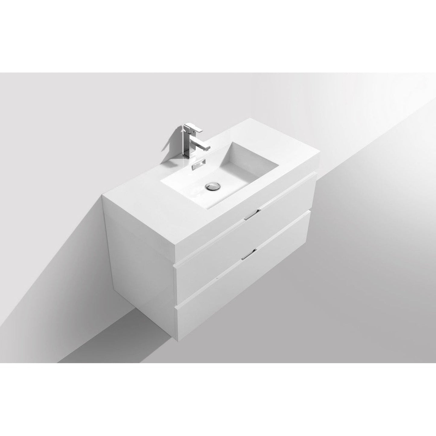 KubeBath Bliss 40" High Gloss White Wall-Mounted Modern Bathroom Vanity With Single Integrated Acrylic Sink With Overflow and 36" White Framed Mirror With Shelf