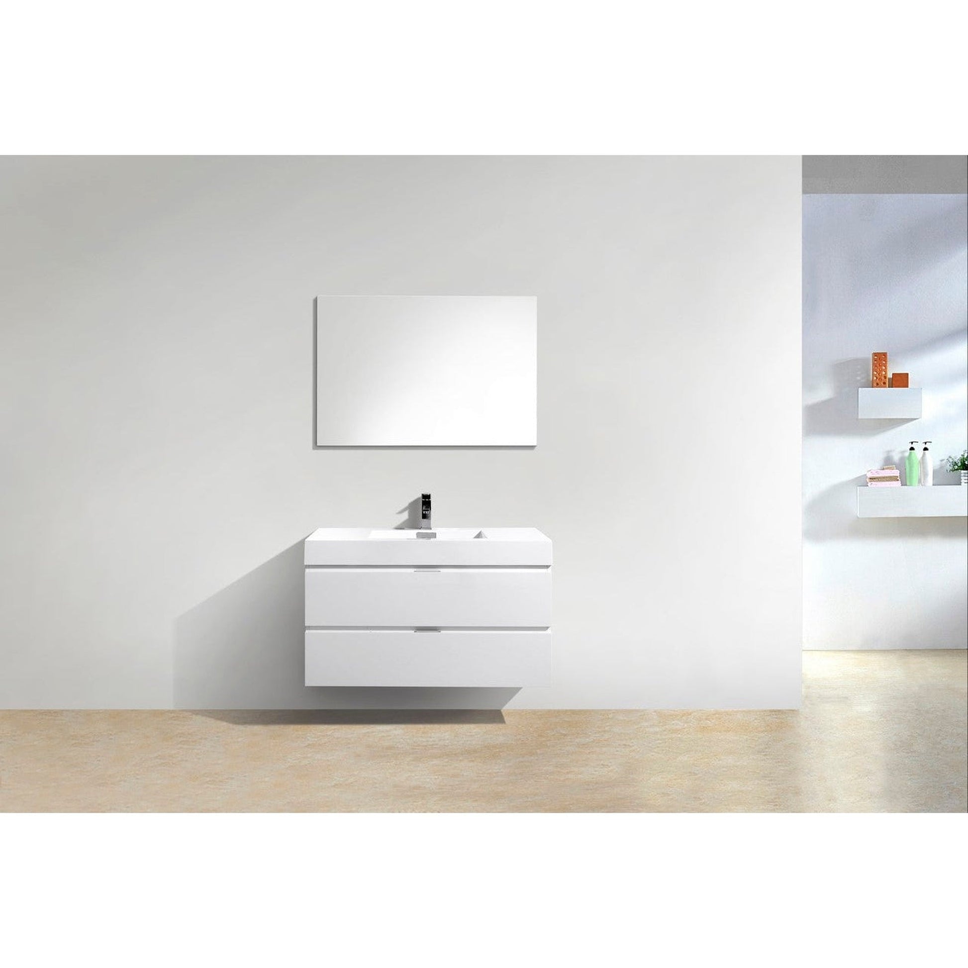 KubeBath Bliss 40" High Gloss White Wall-Mounted Modern Bathroom Vanity With Single Integrated Acrylic Sink With Overflow and 36" White Framed Mirror With Shelf