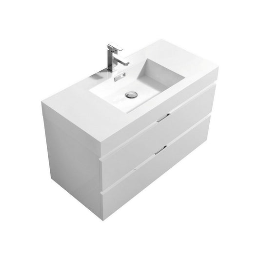 KubeBath Bliss 40" High Gloss White Wall-Mounted Modern Bathroom Vanity With Single Integrated Acrylic Sink With Overflow and 36" White Framed Mirror With Shelf