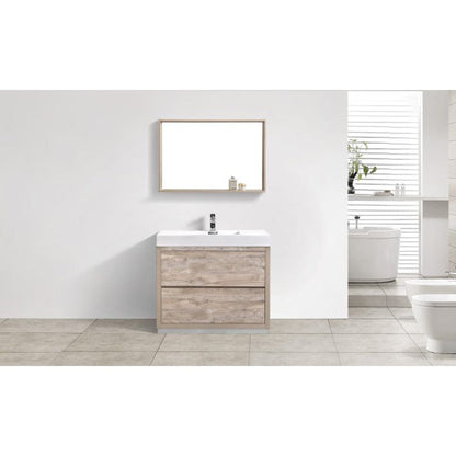 KubeBath Bliss 40" Nature Wood Freestanding Modern Bathroom Vanity With Single Integrated Acrylic Sink With Overflow and 36" Wood Framed Mirror With Shelf