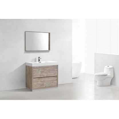 KubeBath Bliss 40" Nature Wood Freestanding Modern Bathroom Vanity With Single Integrated Acrylic Sink With Overflow and 36" Wood Framed Mirror With Shelf