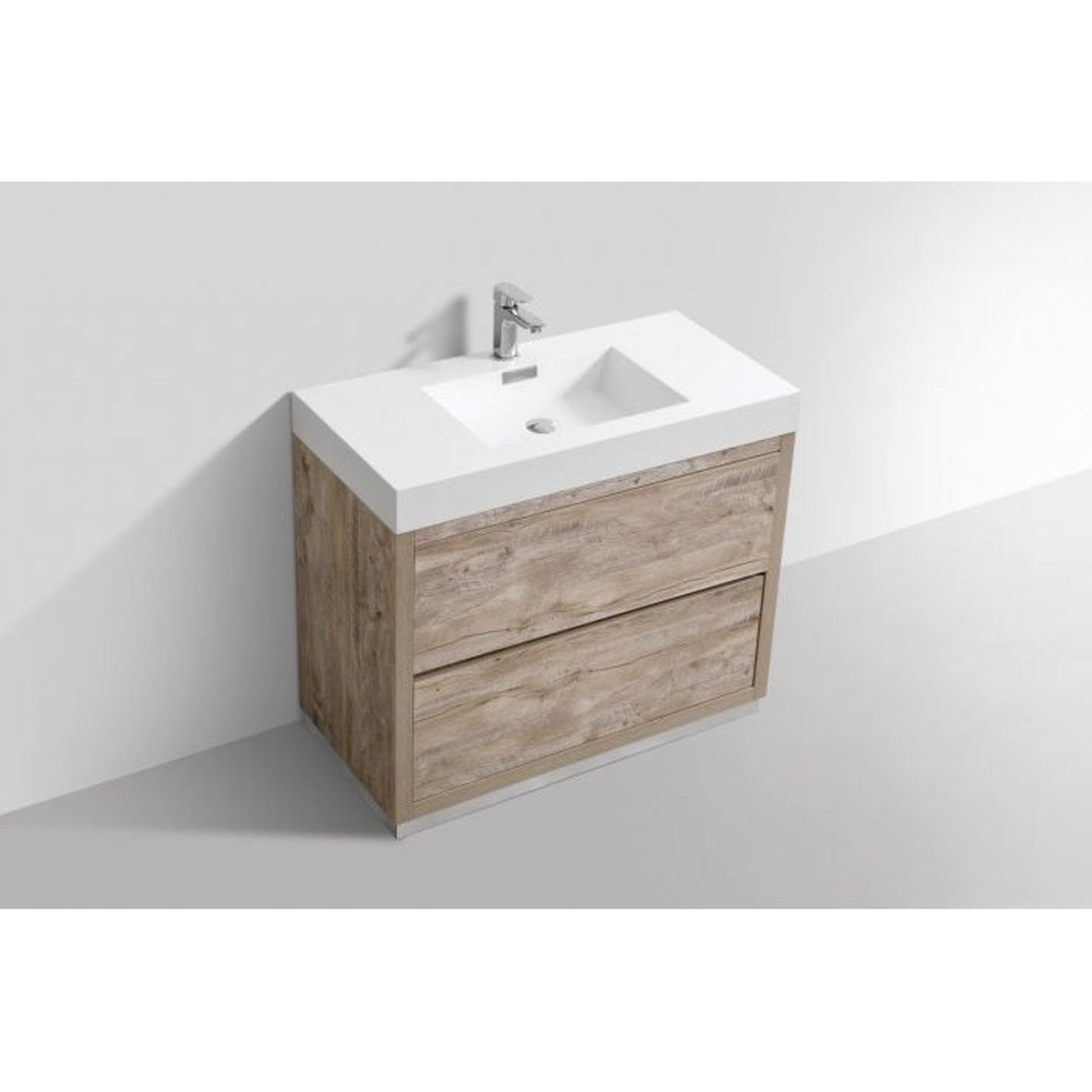 KubeBath Bliss 40" Nature Wood Freestanding Modern Bathroom Vanity With Single Integrated Acrylic Sink With Overflow and 36" Wood Framed Mirror With Shelf