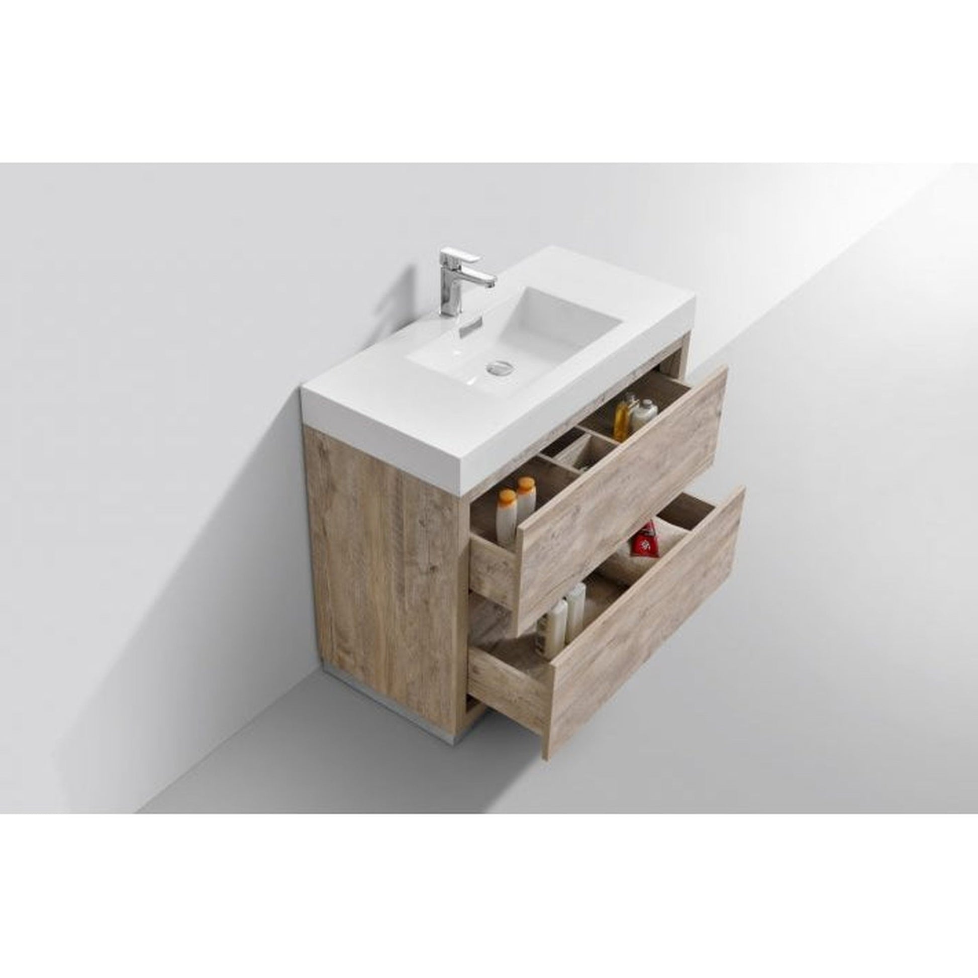 KubeBath Bliss 40" Nature Wood Freestanding Modern Bathroom Vanity With Single Integrated Acrylic Sink With Overflow and 36" Wood Framed Mirror With Shelf