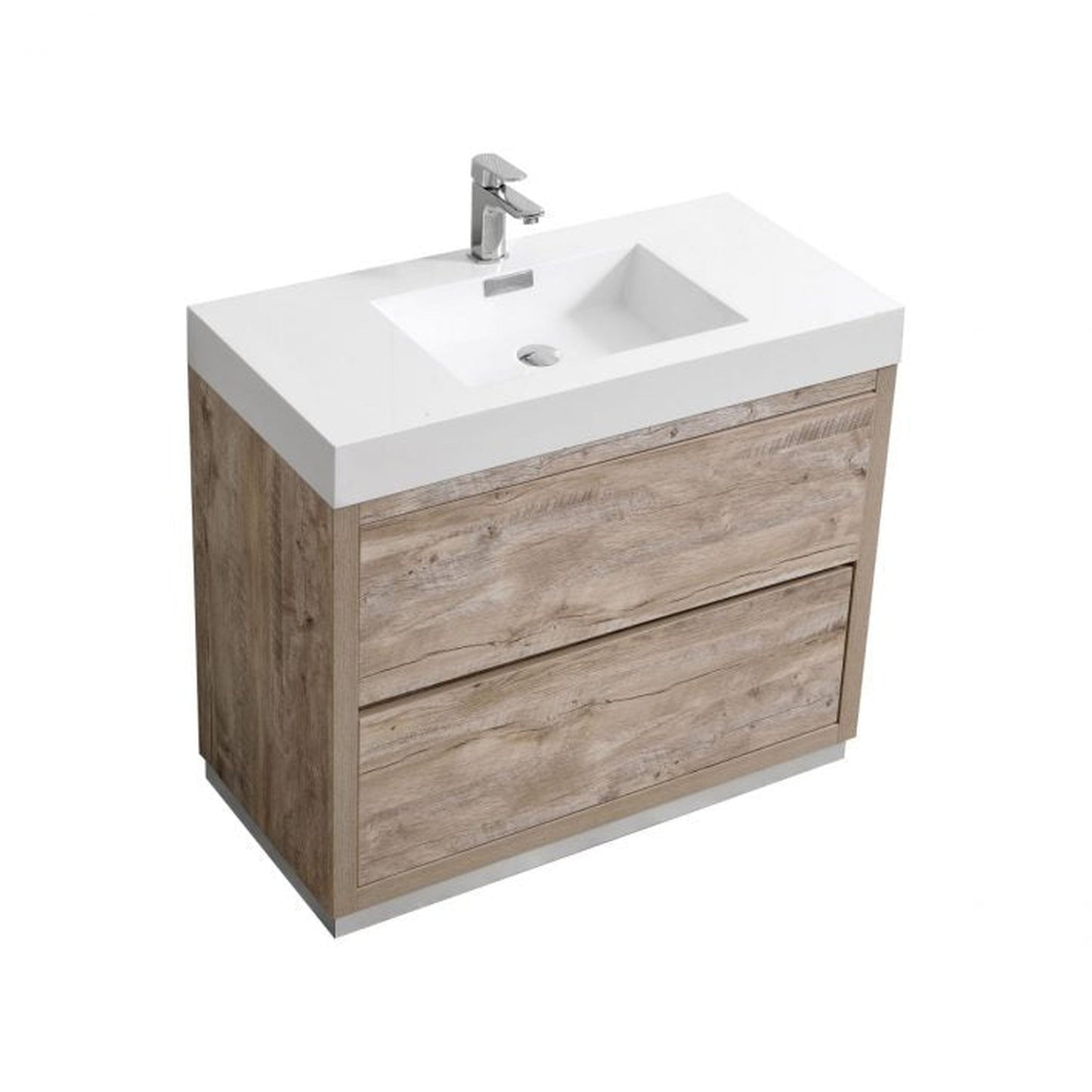 KubeBath Bliss 40" Nature Wood Freestanding Modern Bathroom Vanity With Single Integrated Acrylic Sink With Overflow and 36" Wood Framed Mirror With Shelf