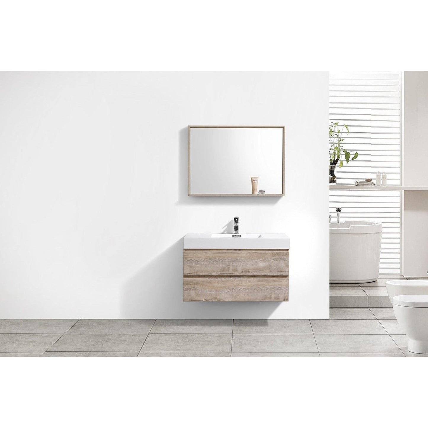 KubeBath Bliss 40" Nature Wood Wall-Mounted Modern Bathroom Vanity With Single Integrated Acrylic Sink With Overflow and 36" Wood Framed Mirror With Shelf