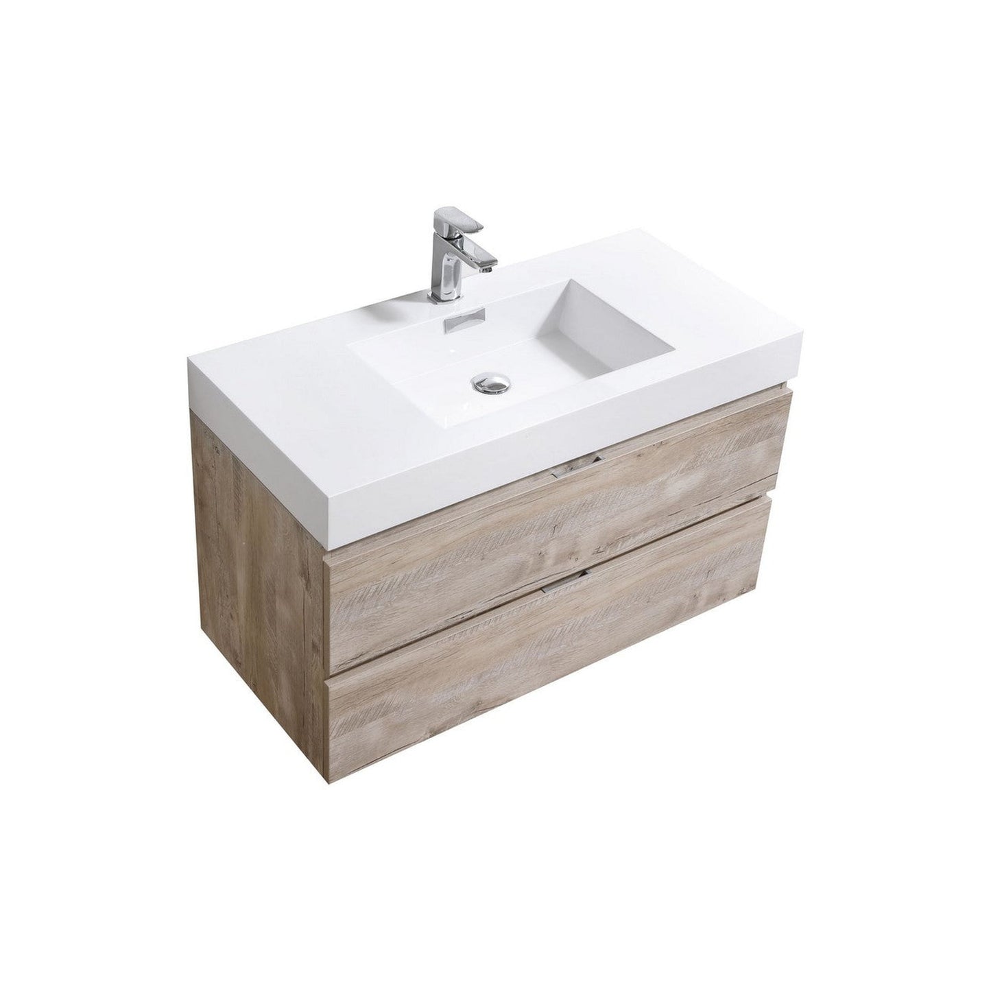 KubeBath Bliss 40" Nature Wood Wall-Mounted Modern Bathroom Vanity With Single Integrated Acrylic Sink With Overflow and 36" Wood Framed Mirror With Shelf