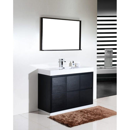 KubeBath Bliss 48" Black Freestanding Modern Bathroom Vanity With Single Integrated Acrylic Sink With Overflow and 44" Black Framed Mirror With Shelf