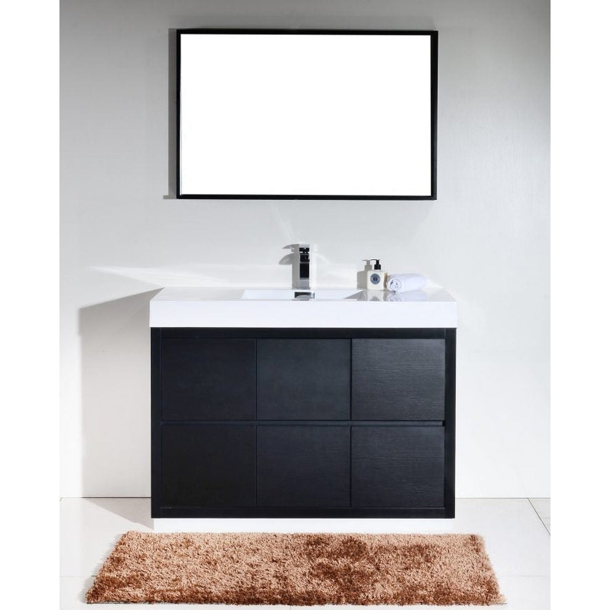 KubeBath Bliss 48" Black Freestanding Modern Bathroom Vanity With Single Integrated Acrylic Sink With Overflow and 44" Black Framed Mirror With Shelf