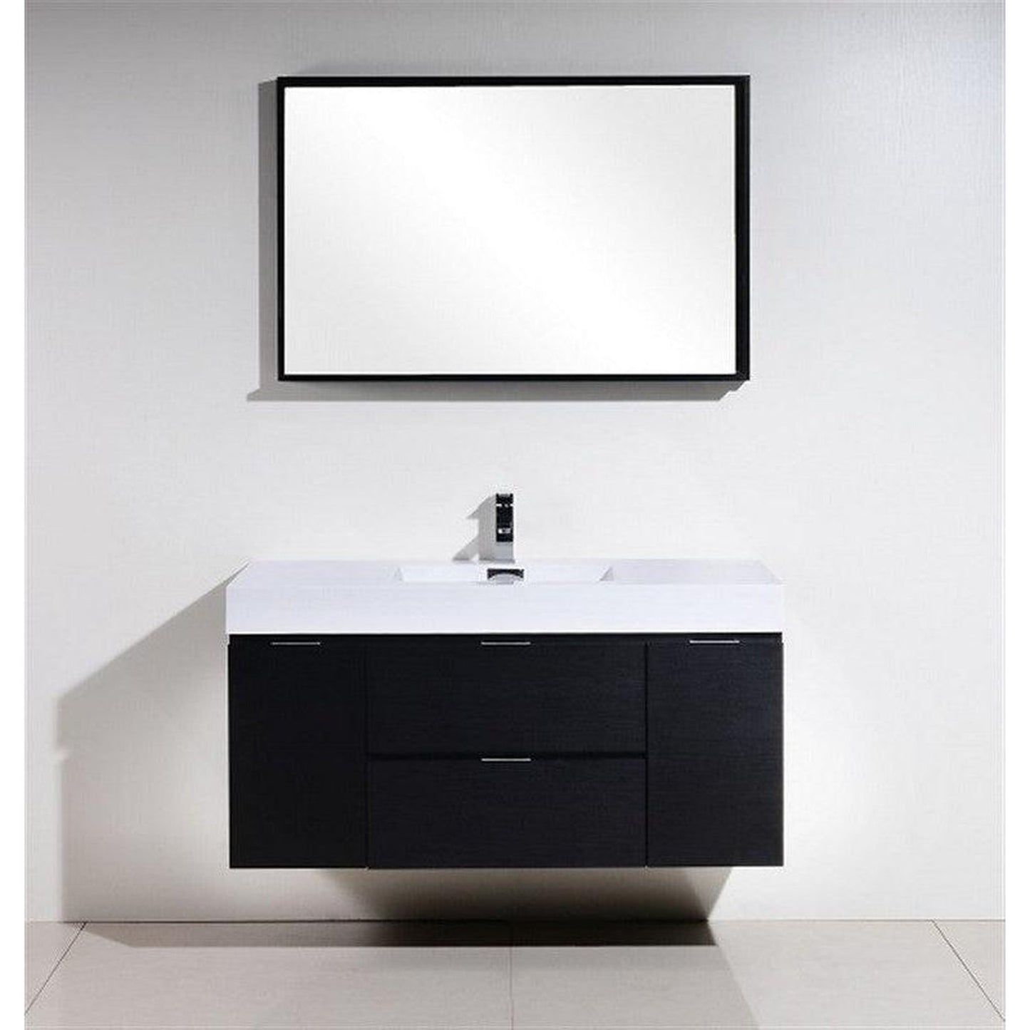 KubeBath Bliss 48" Black Wood Wall-Mounted Modern Bathroom Vanity With Single Integrated Acrylic Sink With Overflow and 44" Black Framed Mirror With Shelf