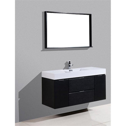 KubeBath Bliss 48" Black Wood Wall-Mounted Modern Bathroom Vanity With Single Integrated Acrylic Sink With Overflow and 44" Black Framed Mirror With Shelf