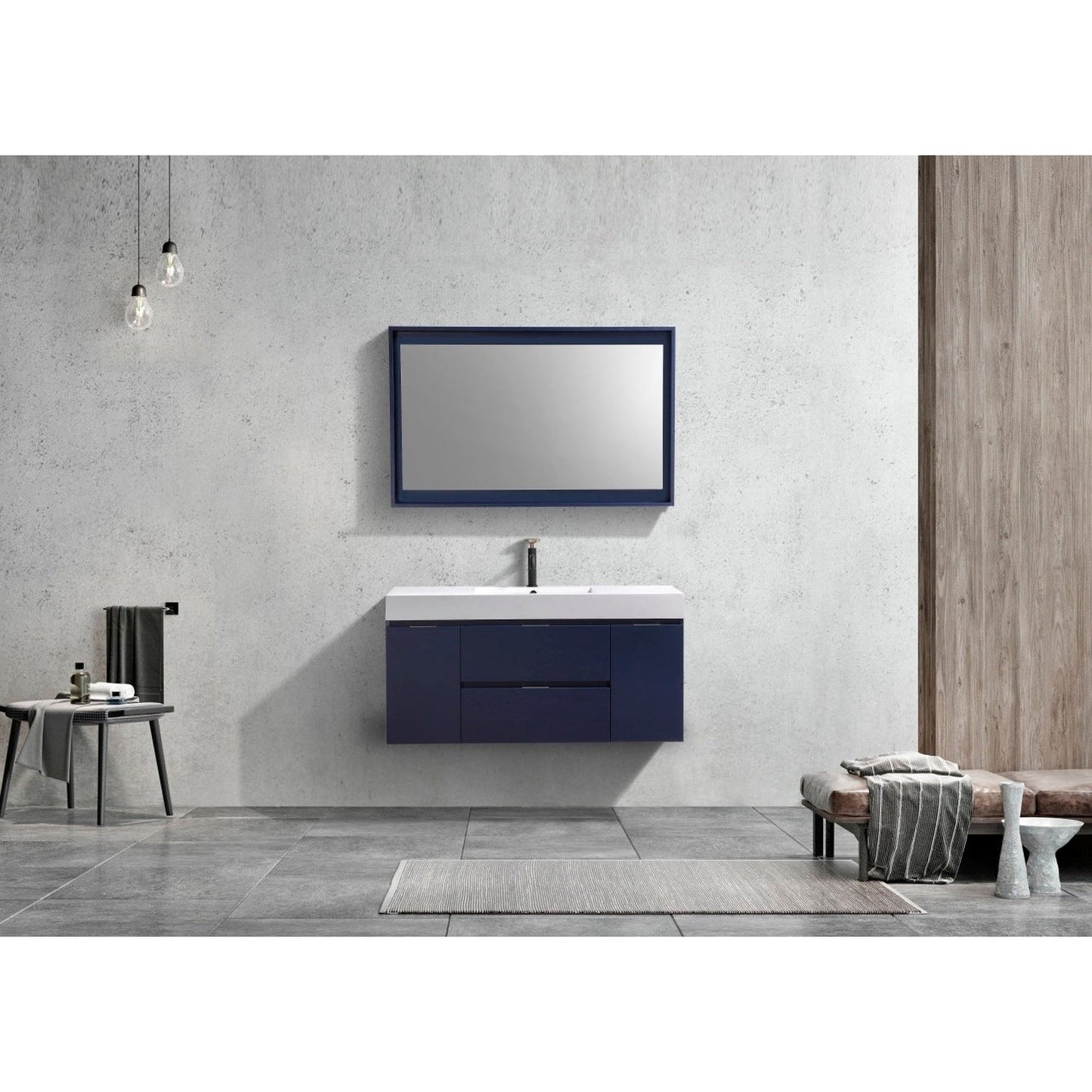 KubeBath Bliss 48" Blue Wall-Mounted Modern Bathroom Vanity With Single Integrated Acrylic Sink With Overflow