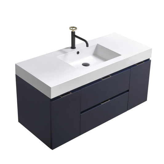 KubeBath Bliss 48" Blue Wall-Mounted Modern Bathroom Vanity With Single Integrated Acrylic Sink With Overflow and 48" White Framed Mirror With Shelf