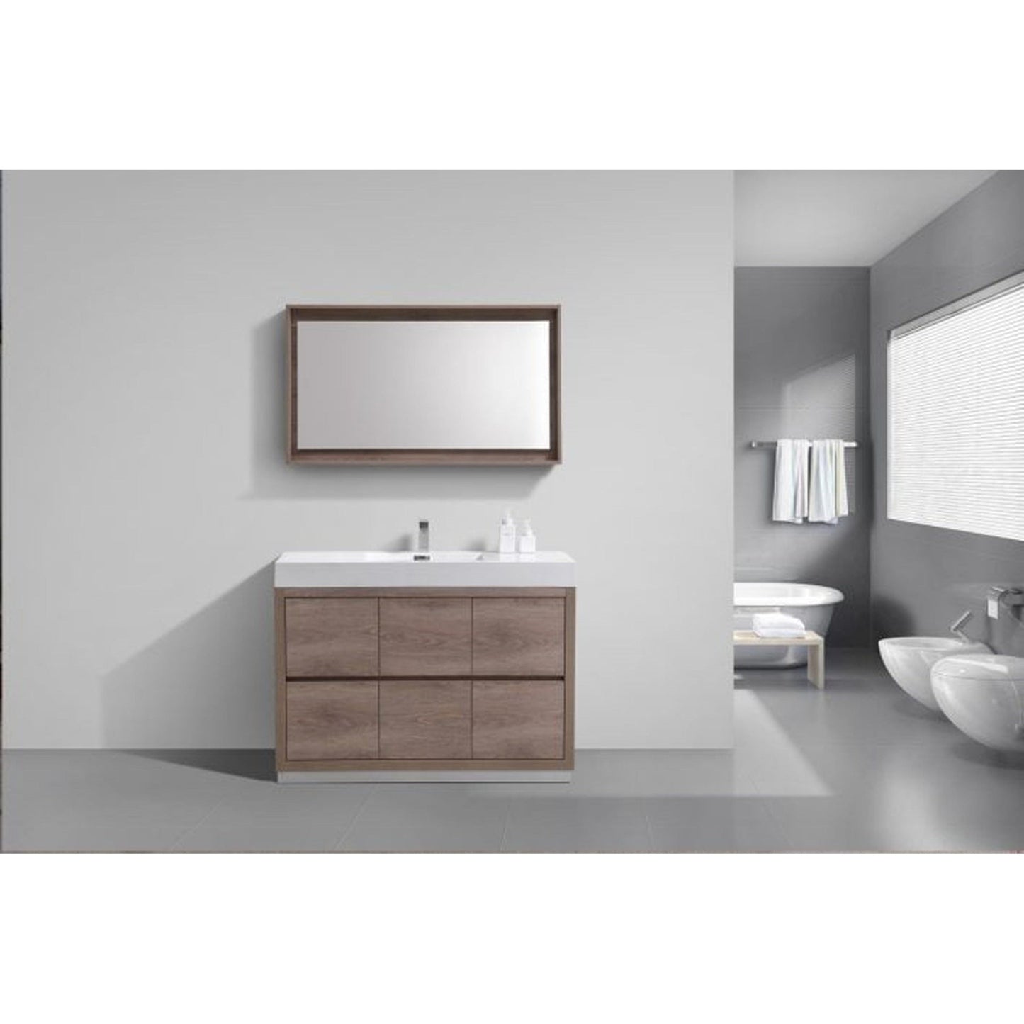 KubeBath Bliss 48" Butternut Freestanding Modern Bathroom Vanity With Single Integrated Acrylic Sink With Overflow and 48" Butternut Framed Mirror With Shelf