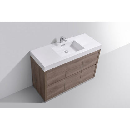 KubeBath Bliss 48" Butternut Freestanding Modern Bathroom Vanity With Single Integrated Acrylic Sink With Overflow and 48" Butternut Framed Mirror With Shelf