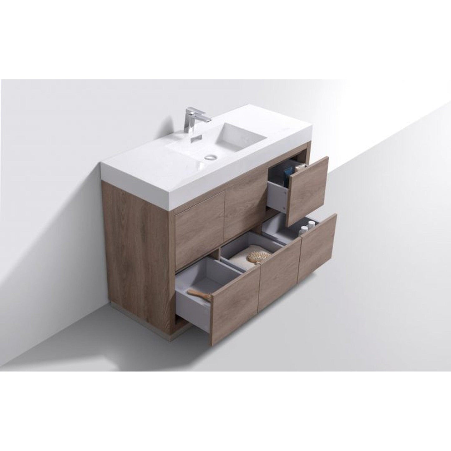 KubeBath Bliss 48" Butternut Freestanding Modern Bathroom Vanity With Single Integrated Acrylic Sink With Overflow and 48" Butternut Framed Mirror With Shelf