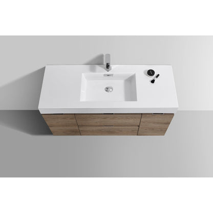 KubeBath Bliss 48" Butternut Wall-Mounted Modern Bathroom Vanity With Single Integrated Acrylic Sink With Overflow and 48" Butternut Framed Mirror With Shelf