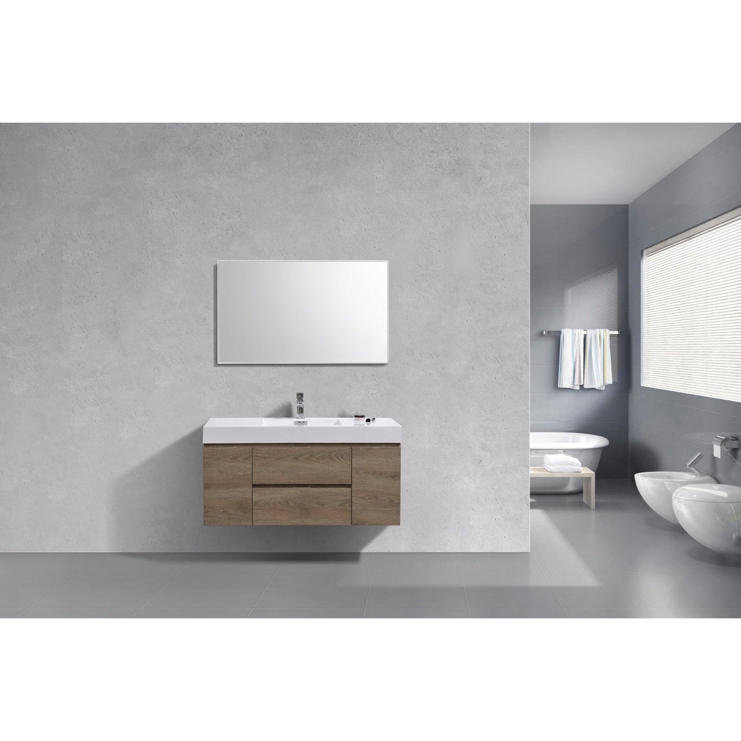 KubeBath Bliss 48" Butternut Wall-Mounted Modern Bathroom Vanity With Single Integrated Acrylic Sink With Overflow and 48" Butternut Framed Mirror With Shelf