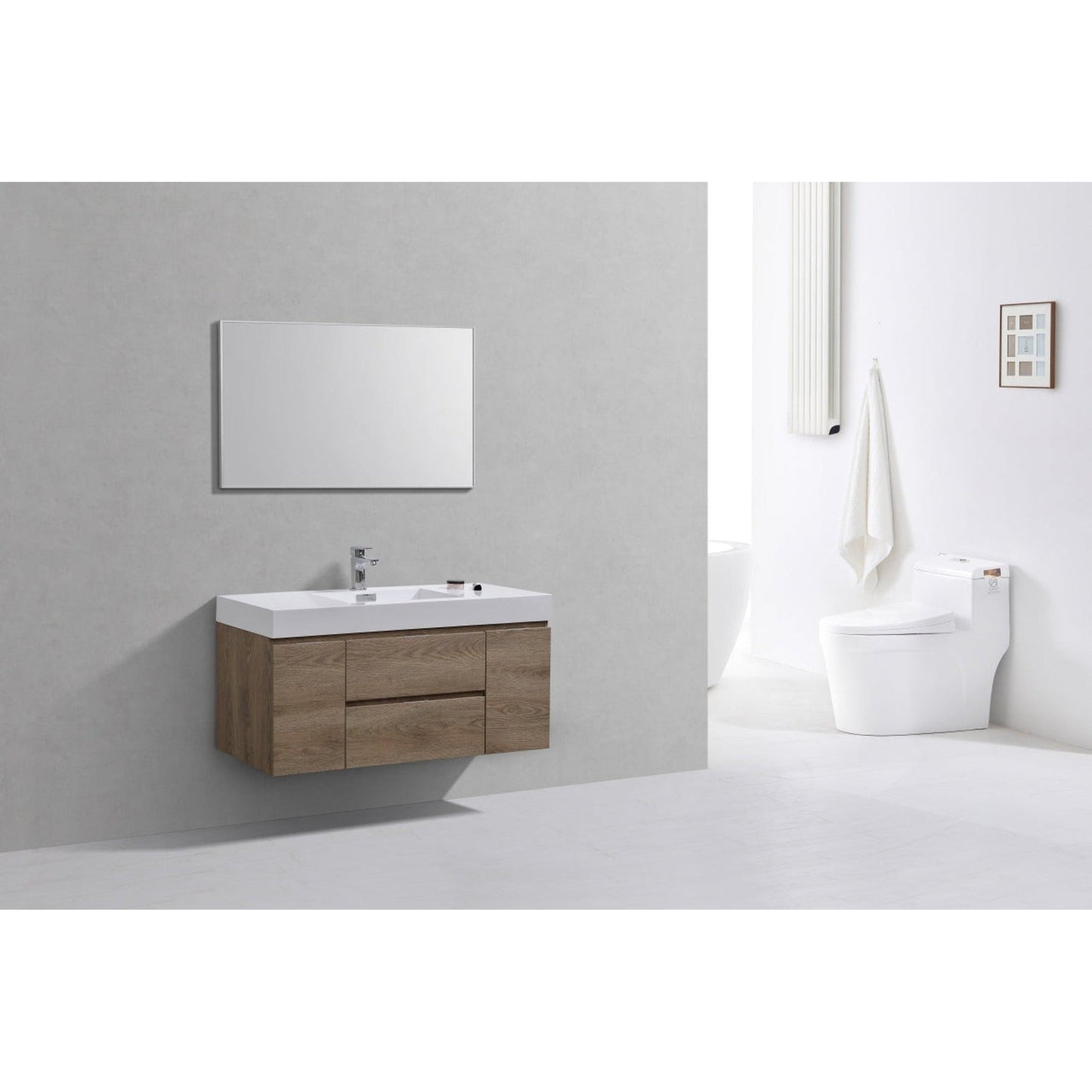 KubeBath Bliss 48" Butternut Wall-Mounted Modern Bathroom Vanity With Single Integrated Acrylic Sink With Overflow and 48" Butternut Framed Mirror With Shelf