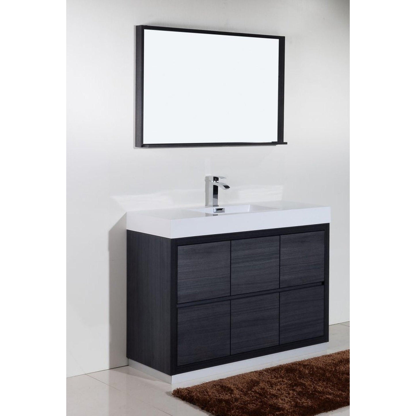 KubeBath Bliss 48" Gray Oak Freestanding Modern Bathroom Vanity With Single Integrated Acrylic Sink With Overflow and 44" Gray Oak Framed Mirror With Shelf