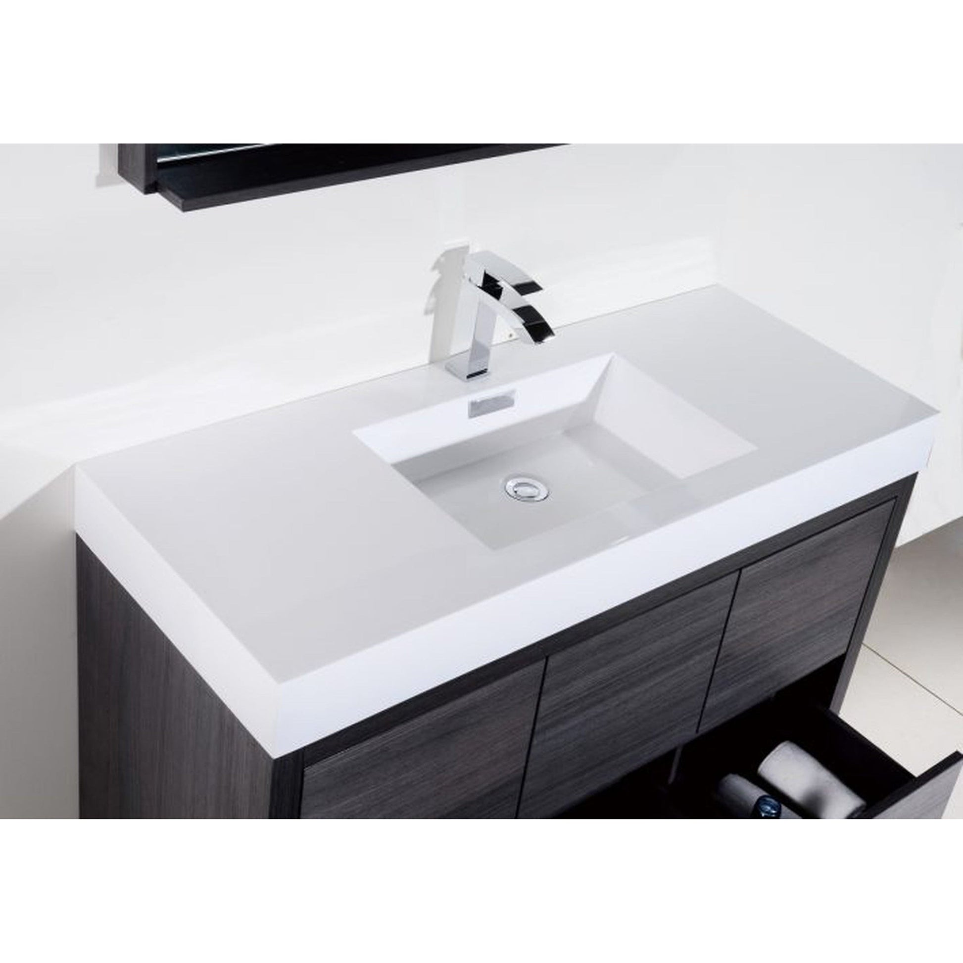 KubeBath Bliss 48" Gray Oak Freestanding Modern Bathroom Vanity With Single Integrated Acrylic Sink With Overflow and 44" Gray Oak Framed Mirror With Shelf