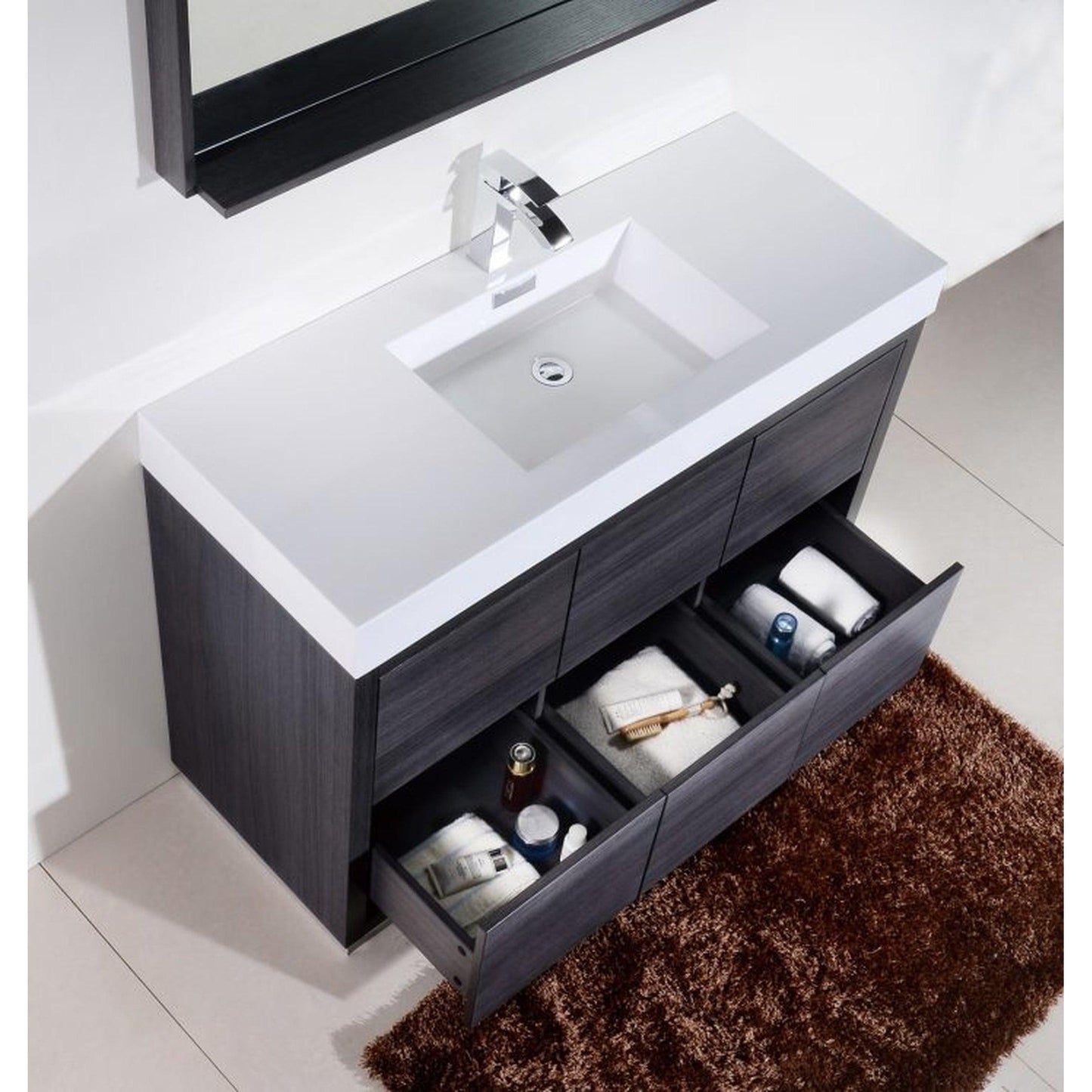 KubeBath Bliss 48" Gray Oak Freestanding Modern Bathroom Vanity With Single Integrated Acrylic Sink With Overflow and 44" Gray Oak Framed Mirror With Shelf