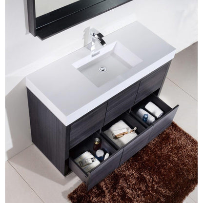 KubeBath Bliss 48" Gray Oak Freestanding Modern Bathroom Vanity With Single Integrated Acrylic Sink With Overflow and 44" Gray Oak Framed Mirror With Shelf