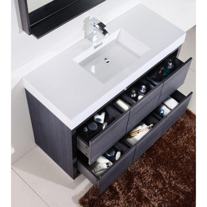 KubeBath Bliss 48" Gray Oak Freestanding Modern Bathroom Vanity With Single Integrated Acrylic Sink With Overflow and 44" Gray Oak Framed Mirror With Shelf